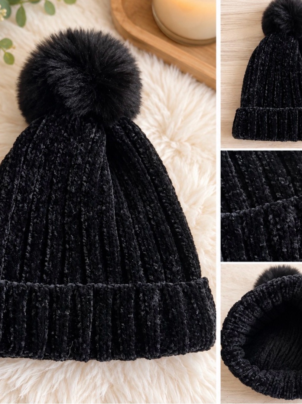 Kids Velvet Knit Pom Hat in Black - Cozy Winter Beanie